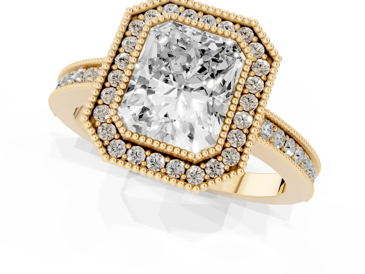 Radiant Cut Cut Halo Diamond Ring with Pavé Band and Milgrain Prong Setting Yellow gold