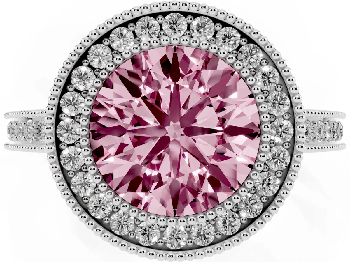 Fancy Pink Round Cut Cut Halo Diamond Ring with Pavé Band and Milgrain Prong Setting Platinum