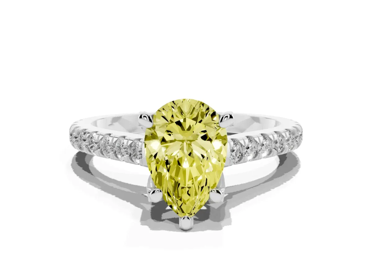 Fancy Yellow Pear Cut Brilliant Diamond Solitaire with Pavé Band and Four-Prong Setting Silver