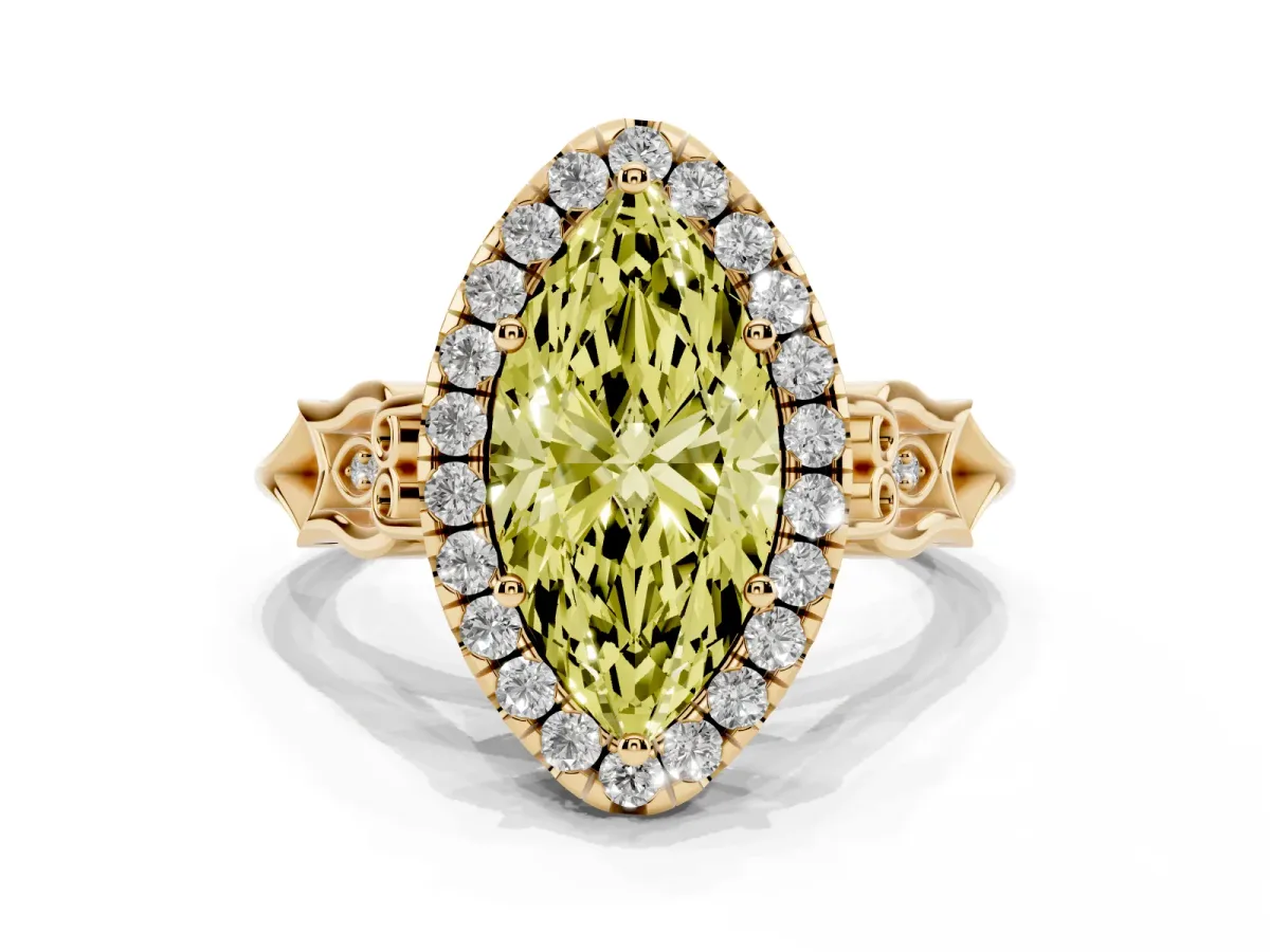 Fancy Yellow Marquise Cut Halo Diamond Engagement Ring with Filigree Band and Four-Prong Setting Yellow gold