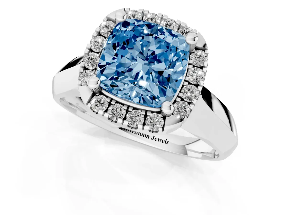 Fancy Blue Cushion Cut Cut Halo Solitaire Engagement Ring with Square Band and Four-Prong Setting White gold
