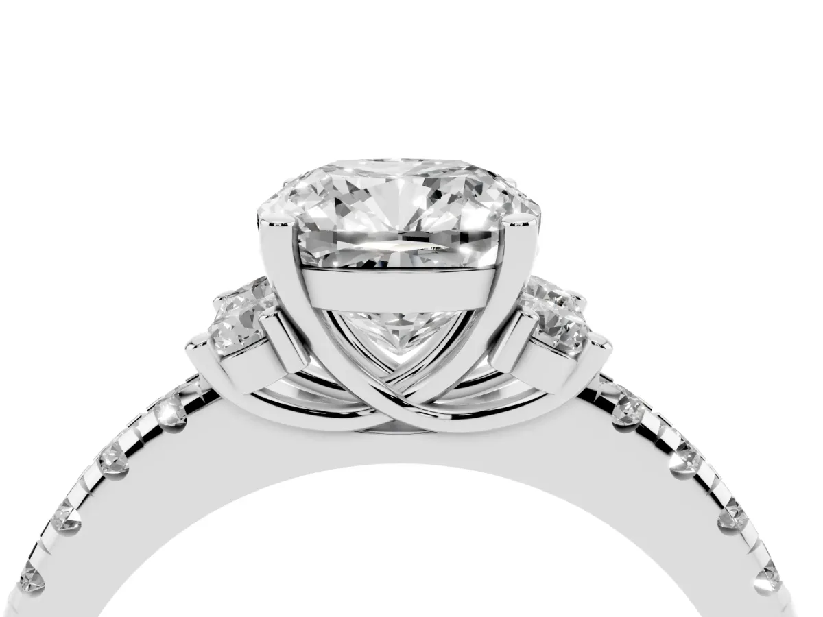 Cushion Cut Diamond Three-Stone Pave Band with Four-Prong Setting Silver