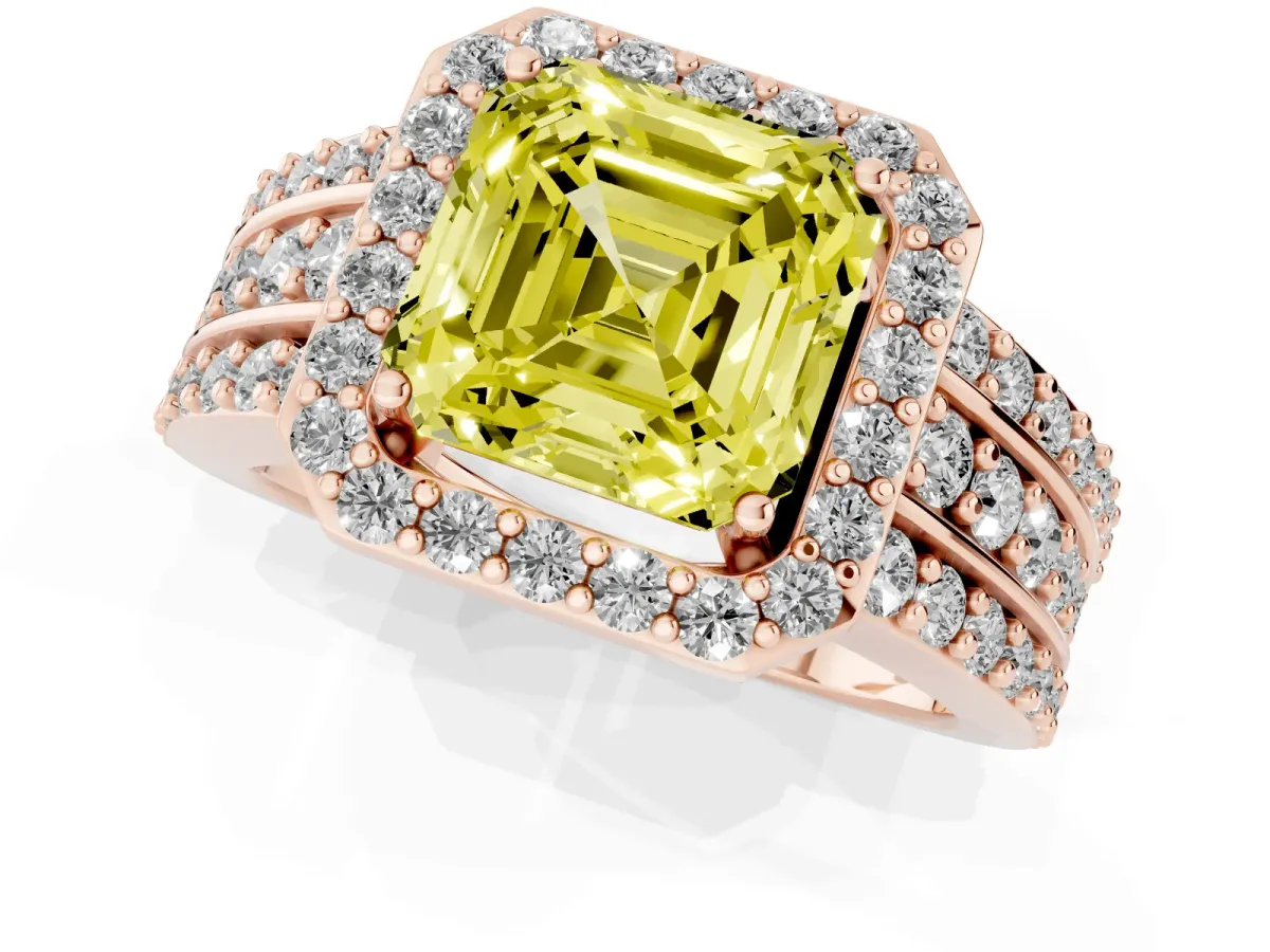 Fancy Yellow Asscher Cut Halo Diamond Ring with Round Split Shank and Prong Setting Rose gold
