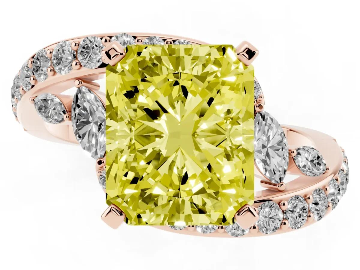 Fancy Yellow Radiant Cut Solitaire with Pavé Twist Band and Four-Prong Setting Rose gold