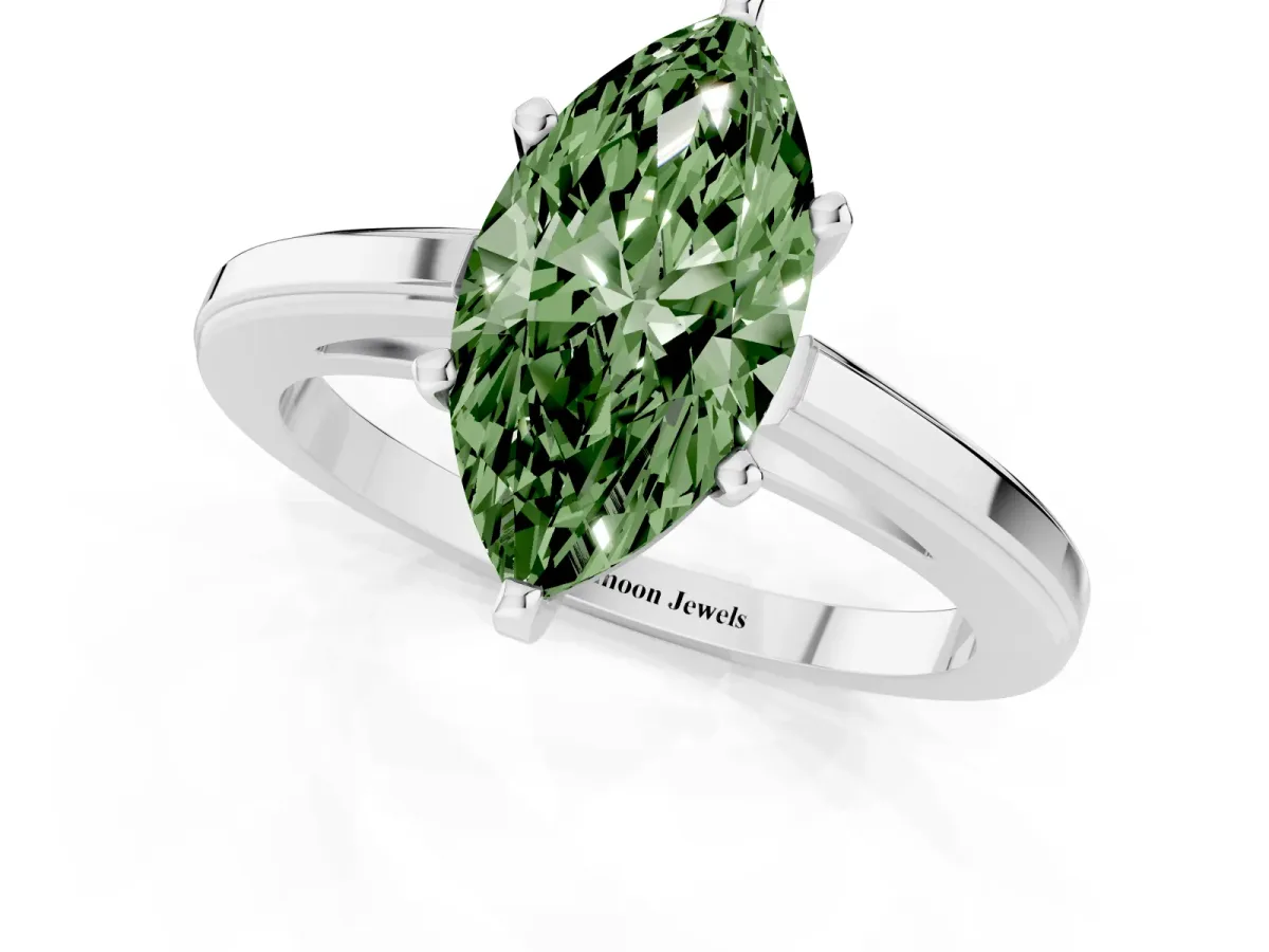 Fancy Green Marquise Cut Solitaire Diamond Ring with Four-Prong Setting and Classic Band Platinum