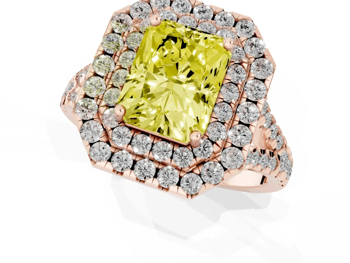 Fancy Yellow Double Halo Radiant Cut Diamond Pavé Split Shank Ring with Prong Setting Rose gold