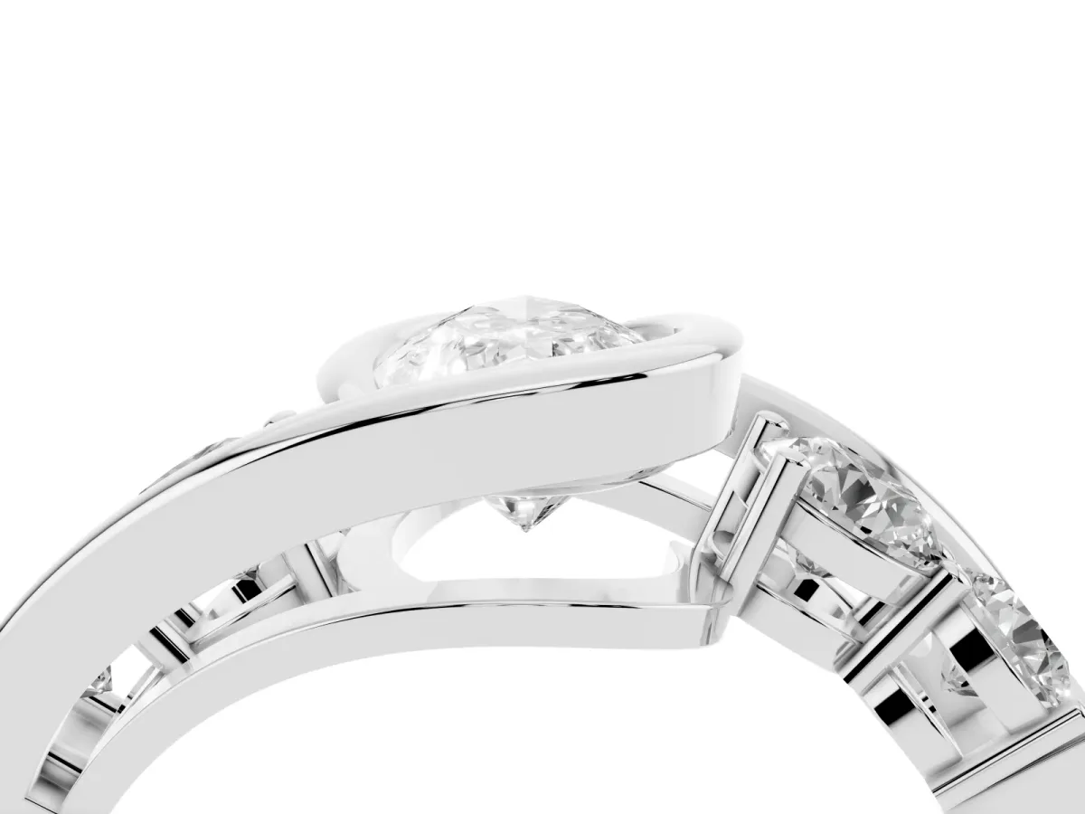 Bezel Set Pear Cut Diamond Bypass Ring with Round Accents Silver