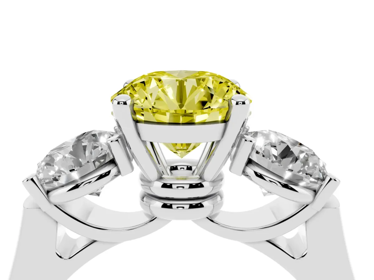 Fancy Yellow Three-Stone Round Cut Brilliant Diamond Trellis Ring with Comfort Fit Band Silver