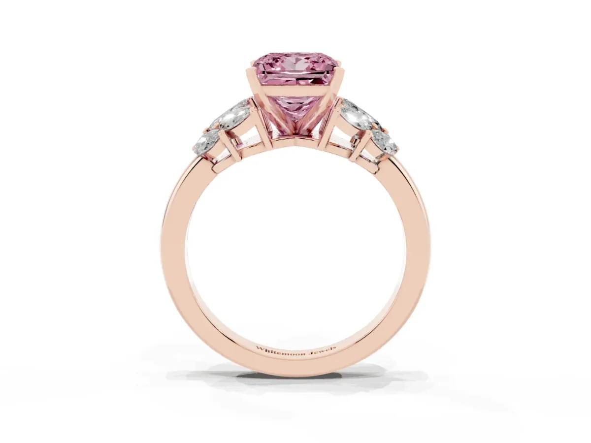 Fancy Pink Princess Cut Diamond Cluster Leaf Design Ring with Prong Setting Rose gold