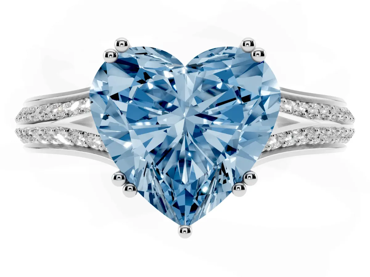Fancy Blue Heart Cut Diamond Split Shank Engagement Ring with Pavé Band Silver
