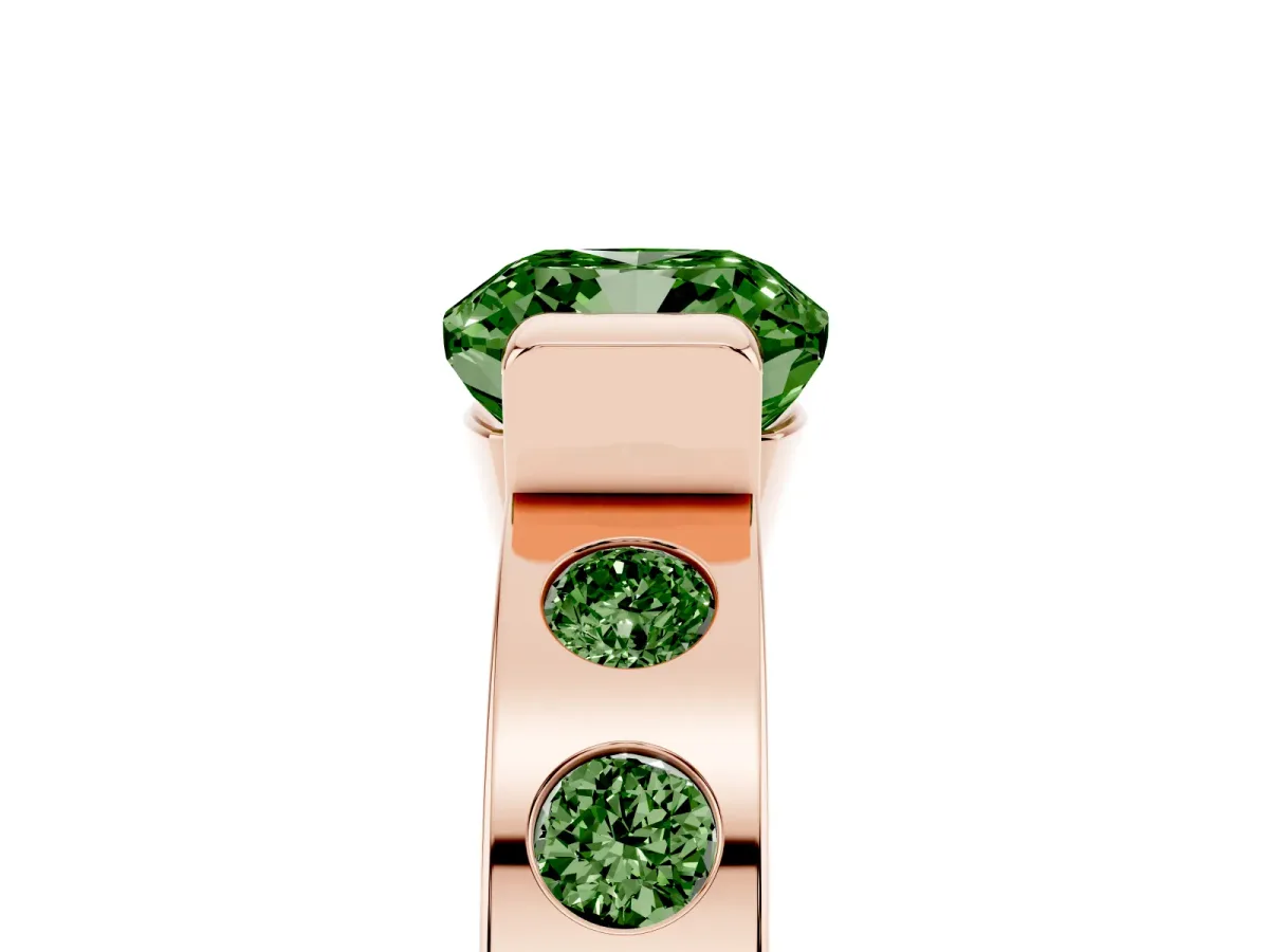 Fancy Green Cushion Cut Brilliant Channel-Set Diamond Ring with Bezel Prong Setting Rose gold