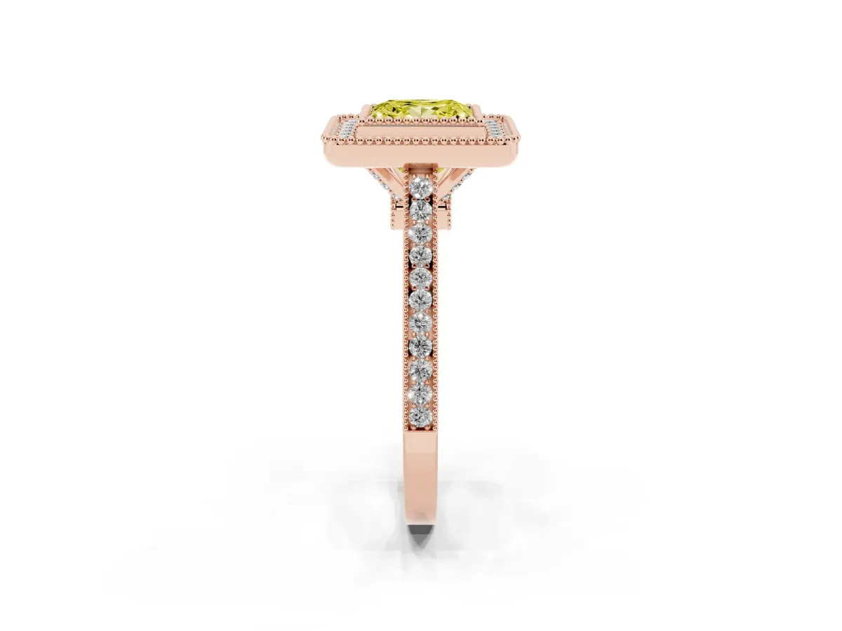 Fancy Yellow Princess Cut Diamond Halo Ring with Milgrain Frame and Pavé Band Rose gold