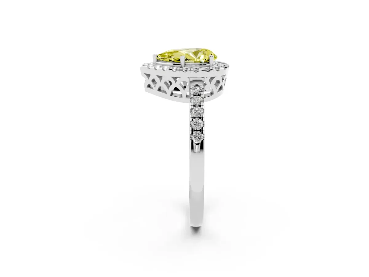 Fancy Yellow Pear Cut Halo Diamond Engagement Ring with Pavé Band and Four-Prong Setting White gold