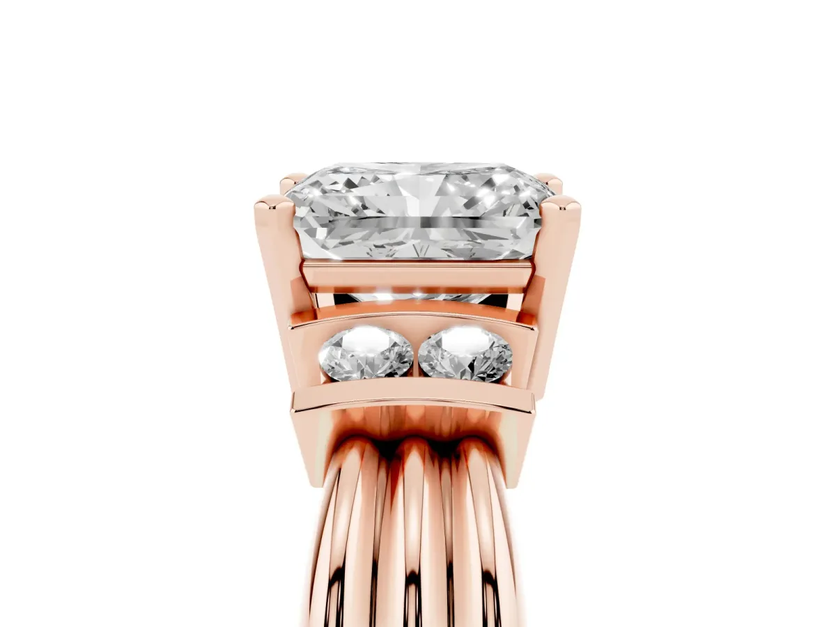 Radiant Cut Cut Three-Stone Channel Set Ring with Bar Prongs Rose gold
