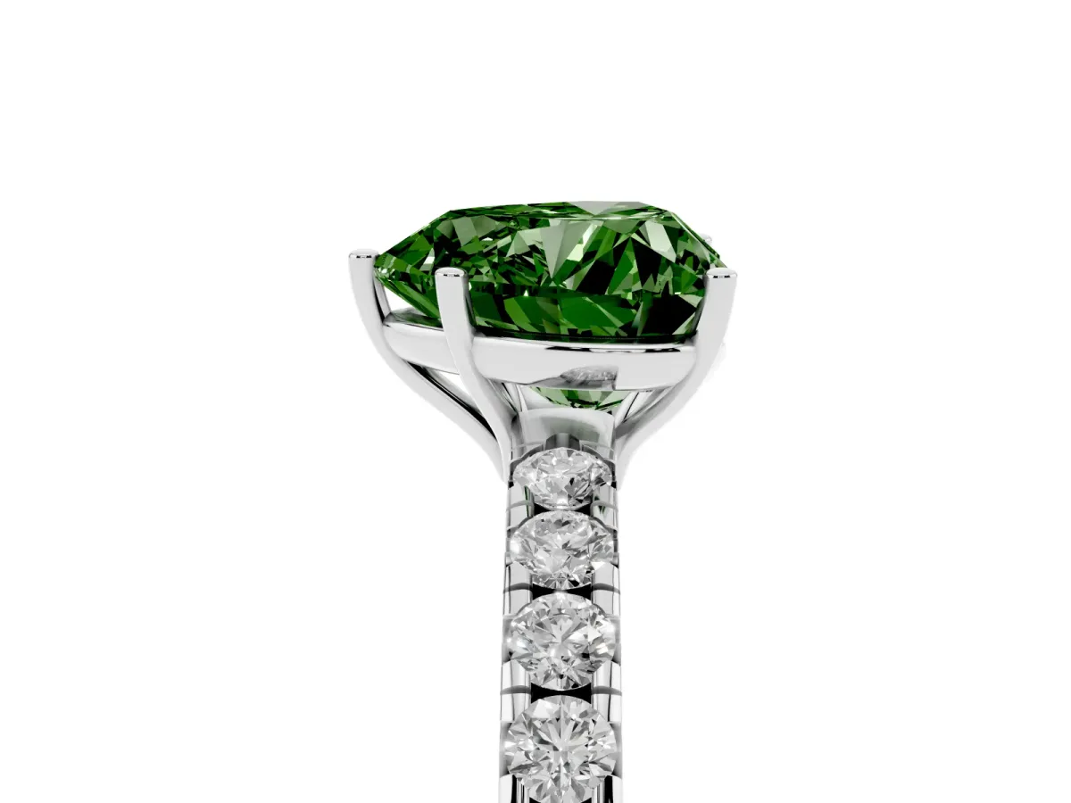 Fancy Green Heart Cut Diamond Pavé Solitaire Engagement Ring with Four-Prong Setting Silver