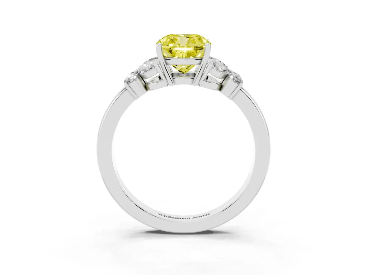 Fancy Yellow Cushion Cut Cut Solitaire Floral Diamond Ring with Four-Prong Setting Silver