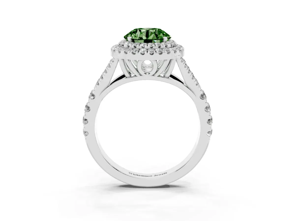 Fancy Green Double Halo Round Cut Diamond Split Shank Engagement Ring with Four-Prong Setting Platinum
