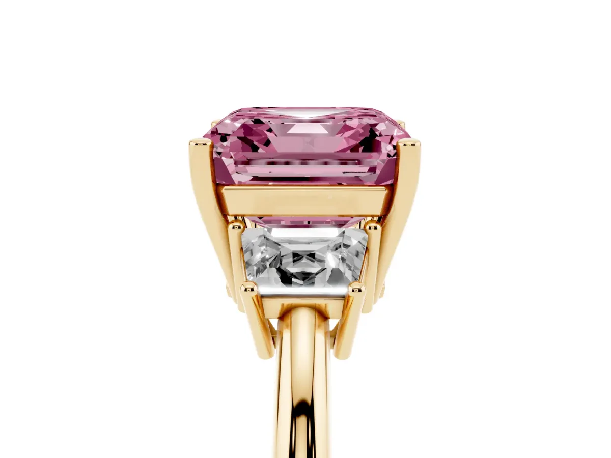 Fancy Pink Asscher Cut Diamond Three-Stone Ring with Trapezoid Side Stones and Prong Setting Yellow gold