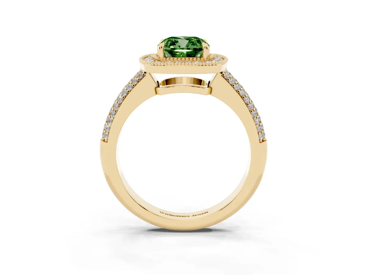 Fancy Green Cushion Cut Cut Halo Diamond Pave Band with Four-Prong Setting Yellow gold