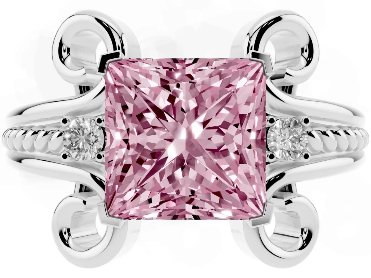 Fancy Pink Princess Cut Solitaire Twisted Band Scroll Prong Ring Silver