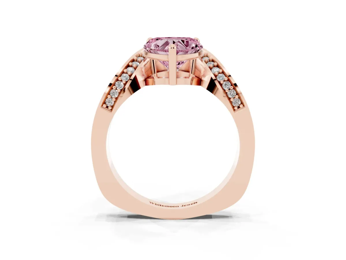 Fancy Pink Heart Cut Solitaire Diamond Engagement Ring with Pave Band and Four-Prong Setting Rose gold