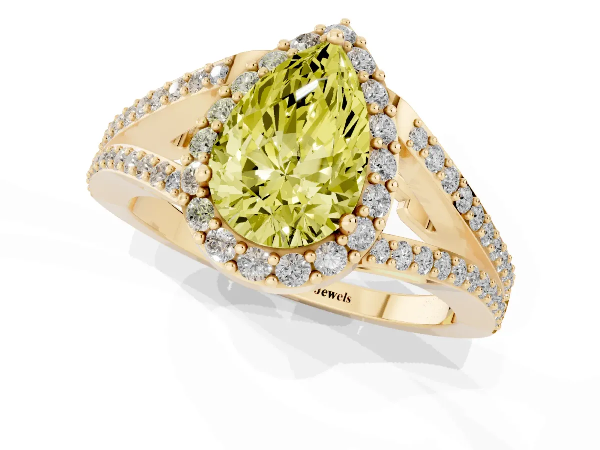 Fancy Yellow Pear Cut Halo Split Shank Diamond Ring with Prong Setting Yellow gold