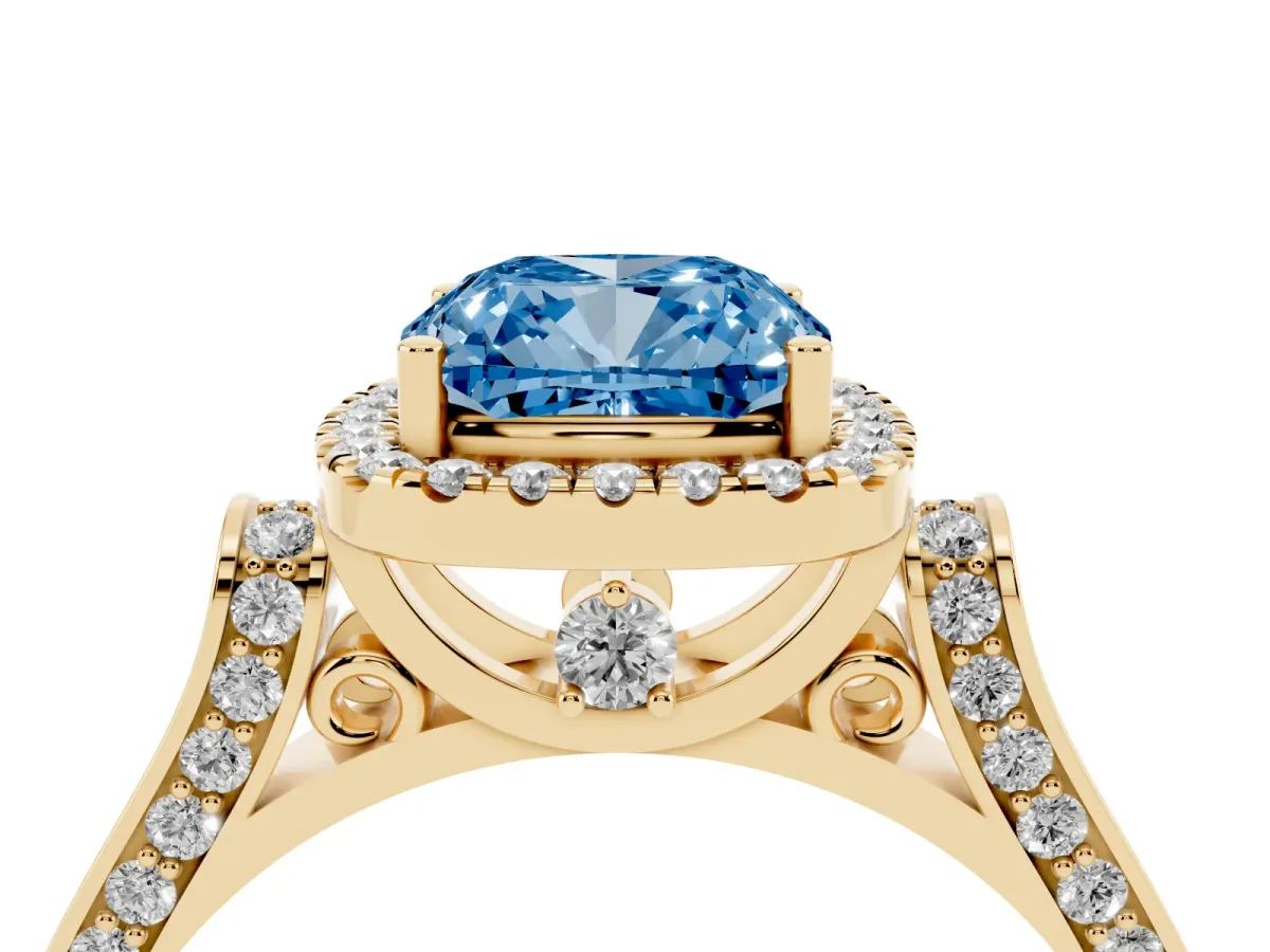 Fancy Blue Cushion Cut Halo Pave Split Shank Prong Setting Ring Yellow gold