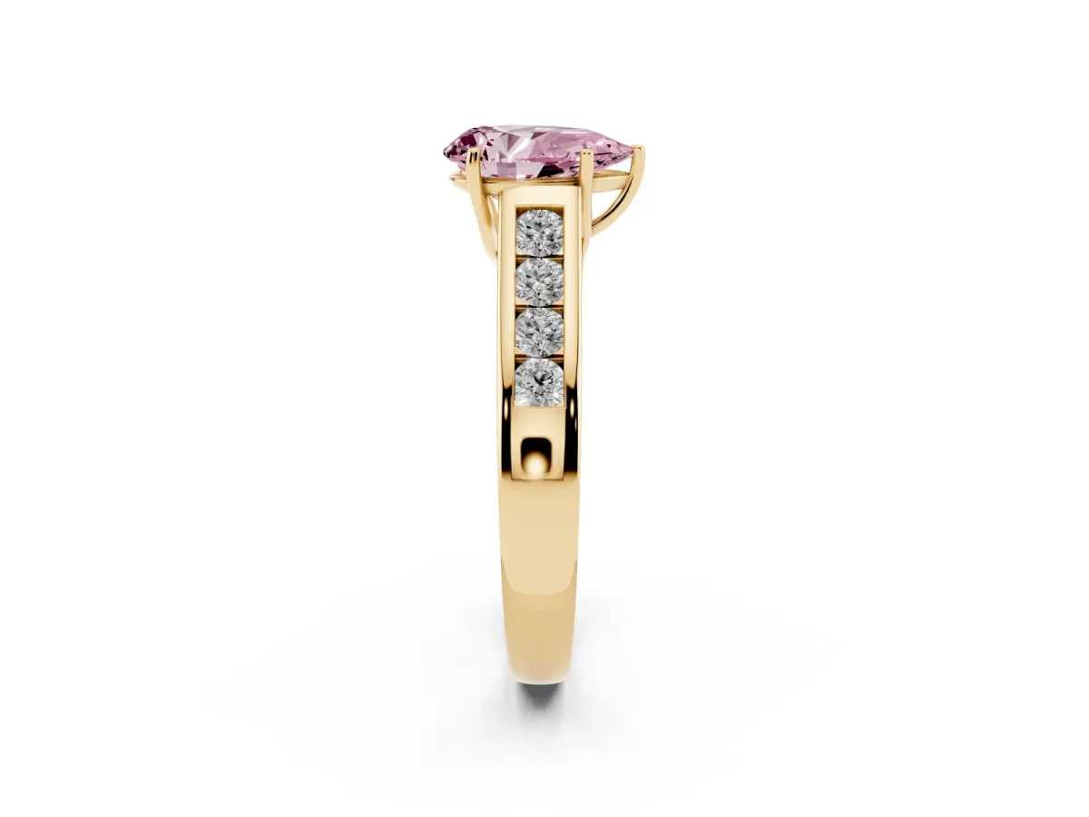 Fancy Pink Pear Cut Brilliant Channel-Set Solitaire Ring with Four-Prong Setting Yellow gold