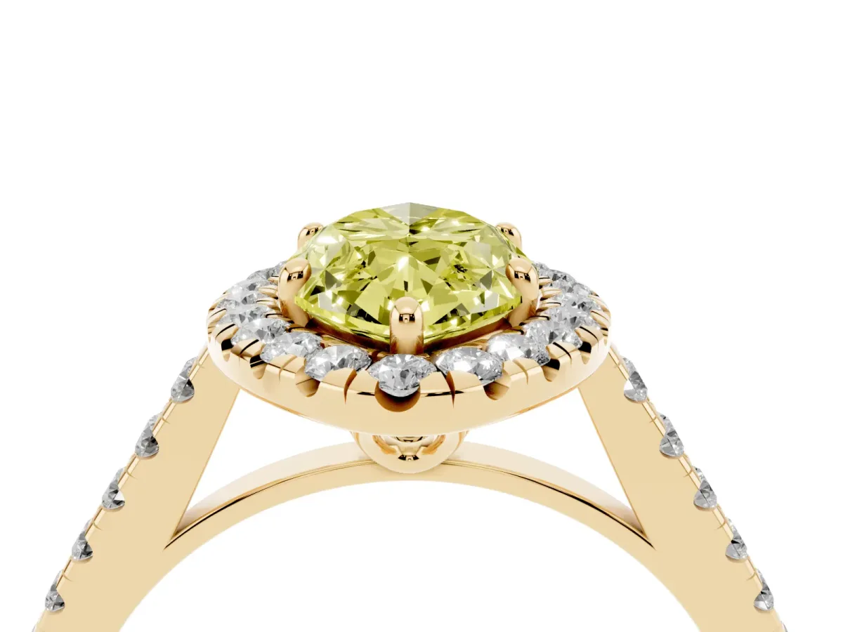 Fancy Yellow Marquise Cut Halo Pavé Diamond Engagement Ring with Four-Prong Setting Yellow gold