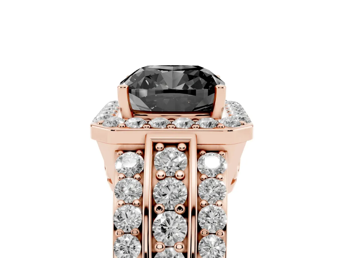 Fancy Black Cushion Cut Halo Diamond Ring with Round Split Shank and Prong Setting Rose gold