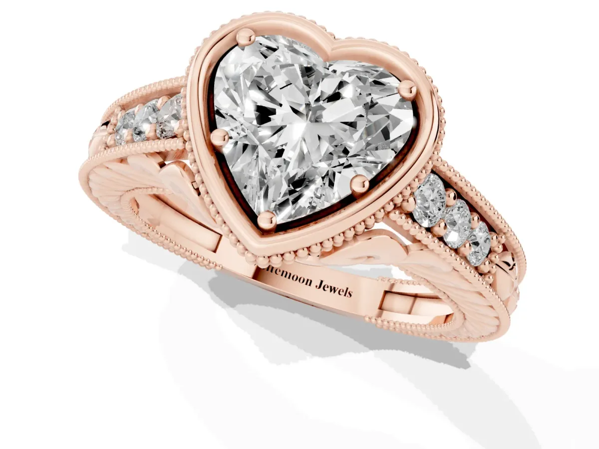 Bezel Set Heart Cut Diamond Milgrain Pave Engagement Ring Rose gold