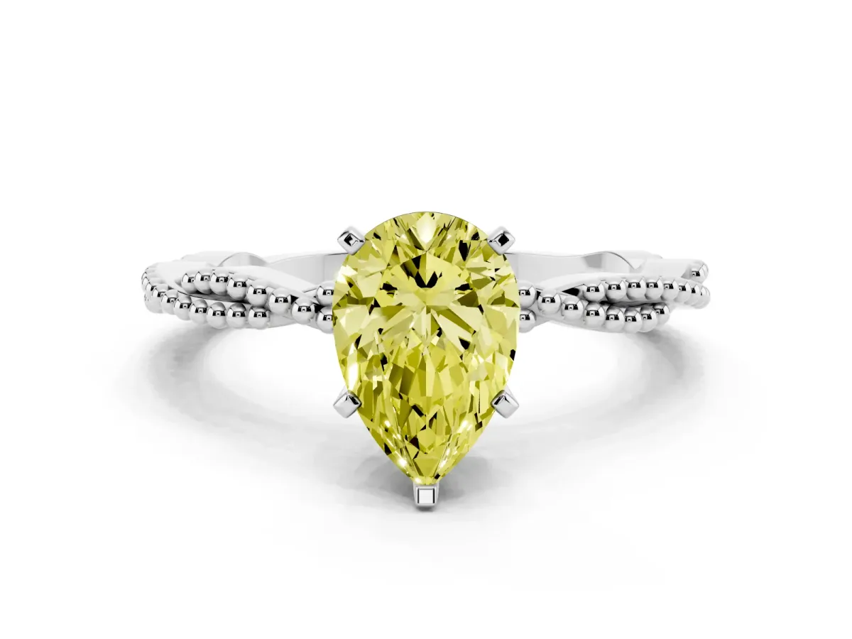 Fancy Yellow Pear Cut Solitaire Twisted Band with Bead Prong Setting Silver