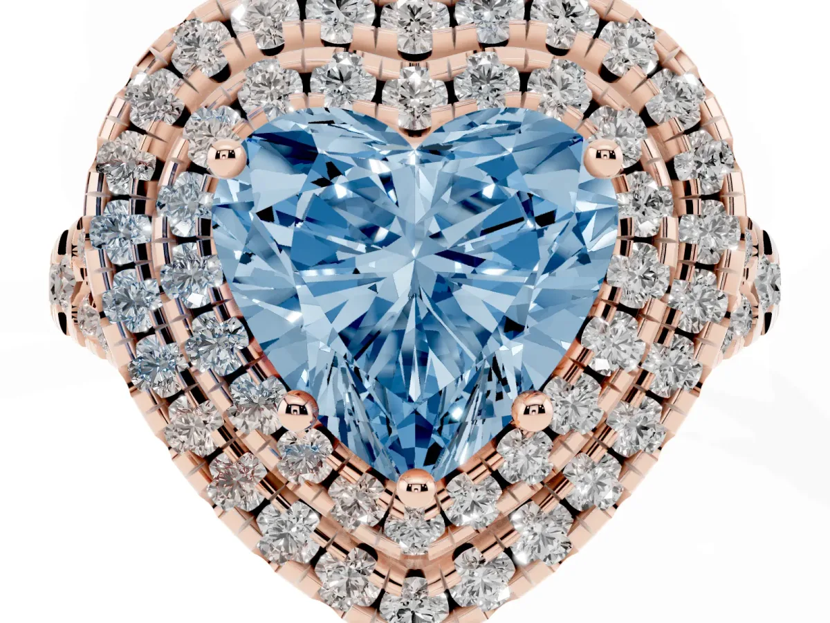 Fancy Blue Double Halo Heart Cut Diamond Pavé Split Shank Ring with Prong Setting Rose gold