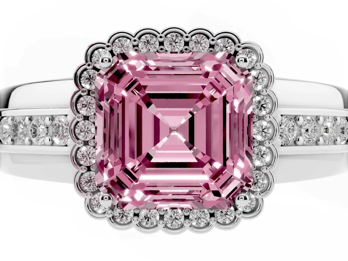 Fancy Pink Asscher Cut Cut Halo Pave Band Four-Prong Ring White gold