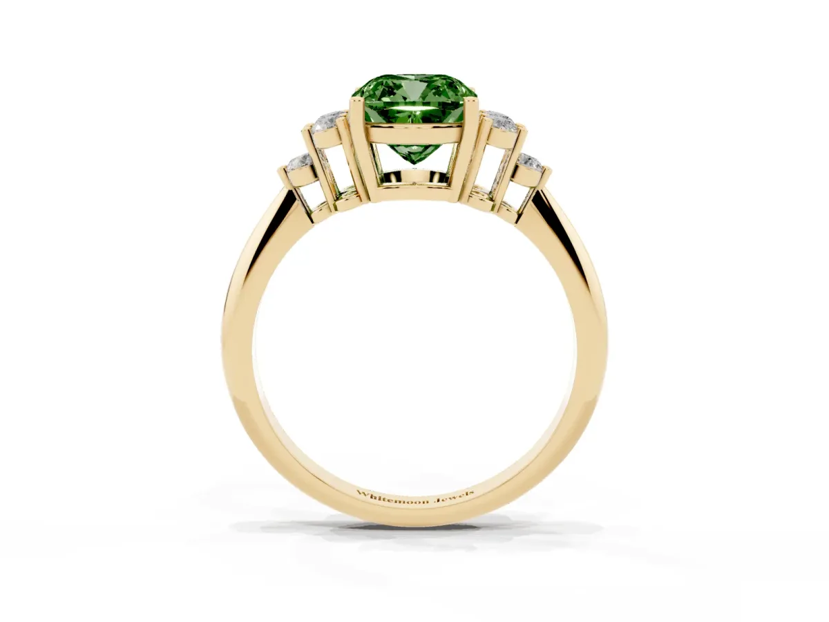 Fancy Green Cushion Cut Cut Diamond Cluster Ring with Solitaire Band and Four-Prong Setting Yellow gold