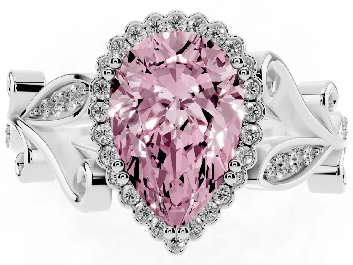 Fancy Pink Pear Cut Diamond Halo Ring with Vintage Split Shank and Four-Prong Setting Platinum