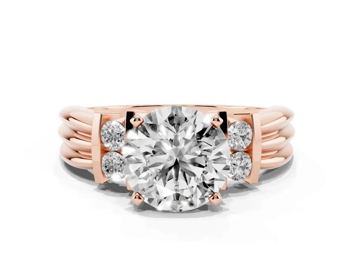 Round Cut Cut Three-Stone Channel Set Ring with Bar Prongs Rose gold