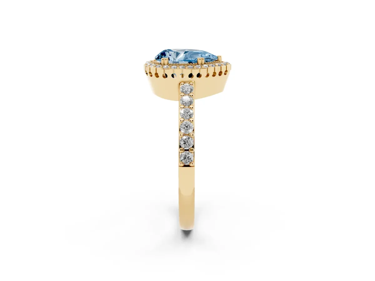Fancy Blue Pear Cut Cut Diamond Halo Engagement Ring with Milgrain Detail and Pavé Band Yellow gold