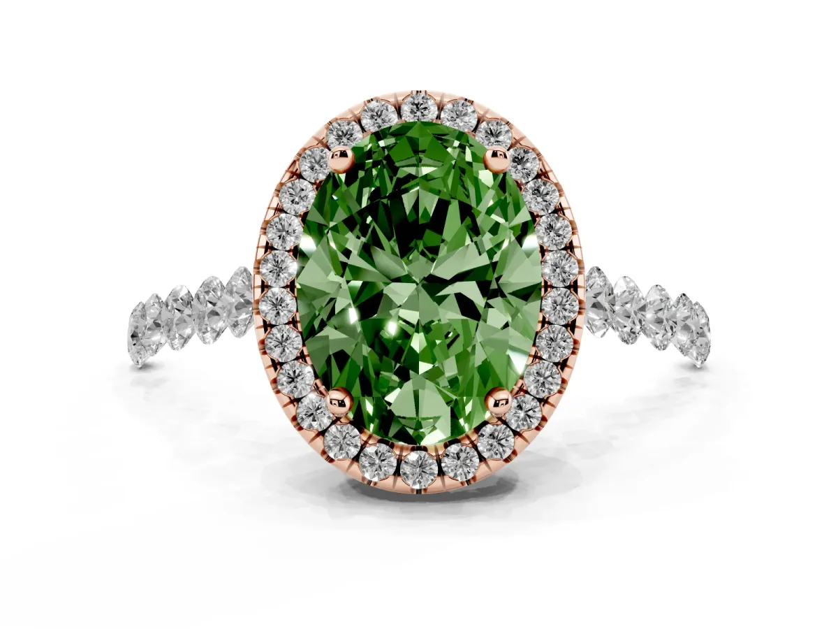 Fancy Green Oval Cut Halo Pavé Diamond Engagement Ring with Four-Prong Setting Rose gold