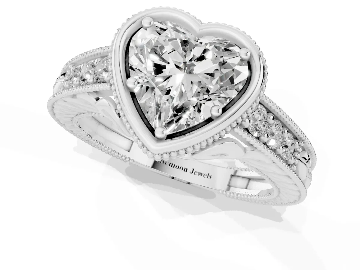 Bezel Set Heart Cut Diamond Milgrain Pave Engagement Ring Silver