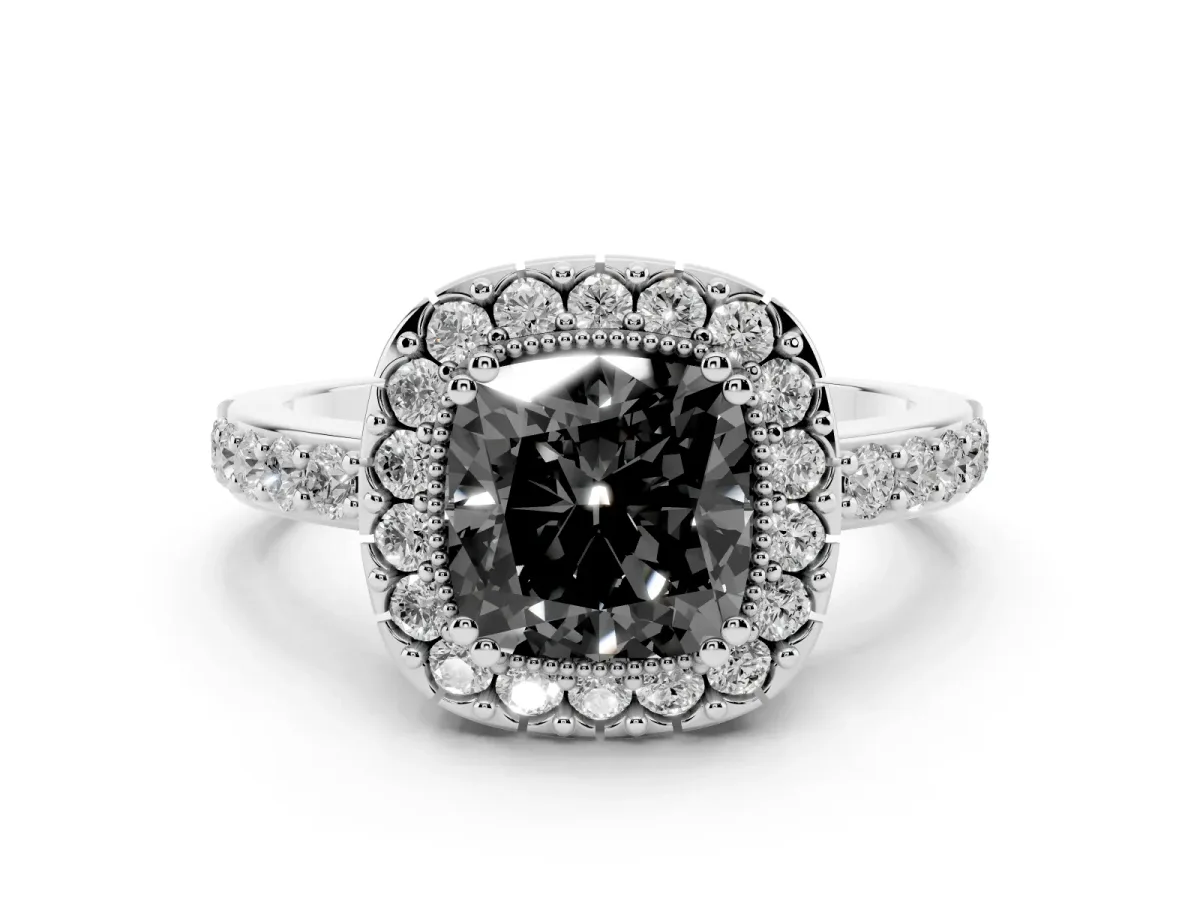Fancy Black Cushion Cut Diamond Halo Ring with Pavé Band and Prong Setting Silver