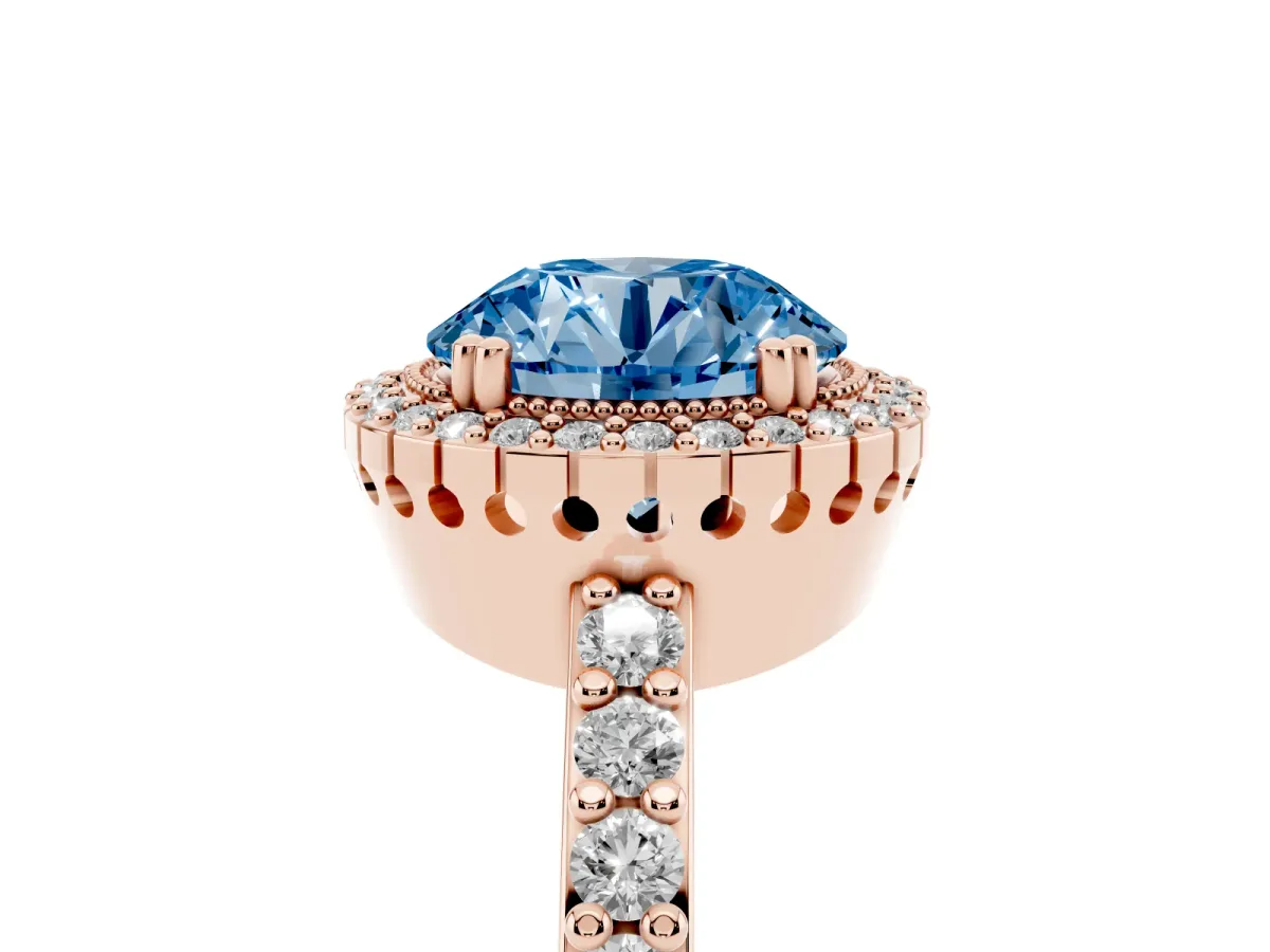 Fancy Blue Round Cut Cut Diamond Halo Engagement Ring with Milgrain Detail and Pavé Band Rose gold