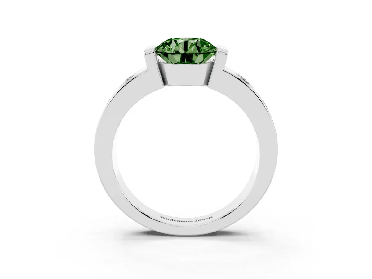Fancy Green Round Cut Brilliant Channel-Set Diamond Ring with Bezel Prong Setting Silver