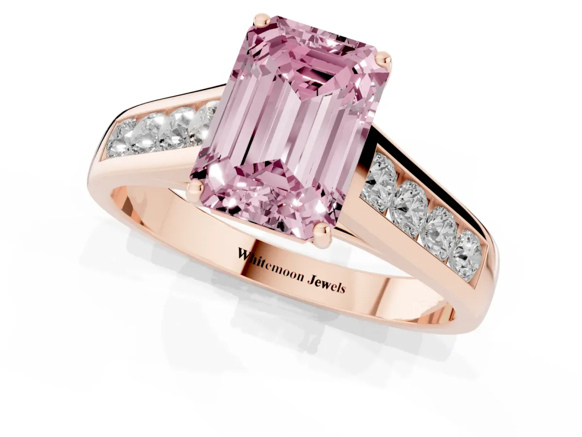 Fancy Pink Emerald Cut Solitaire Channel-Set Diamond Engagement Ring with Four-Prong Setting Rose gold