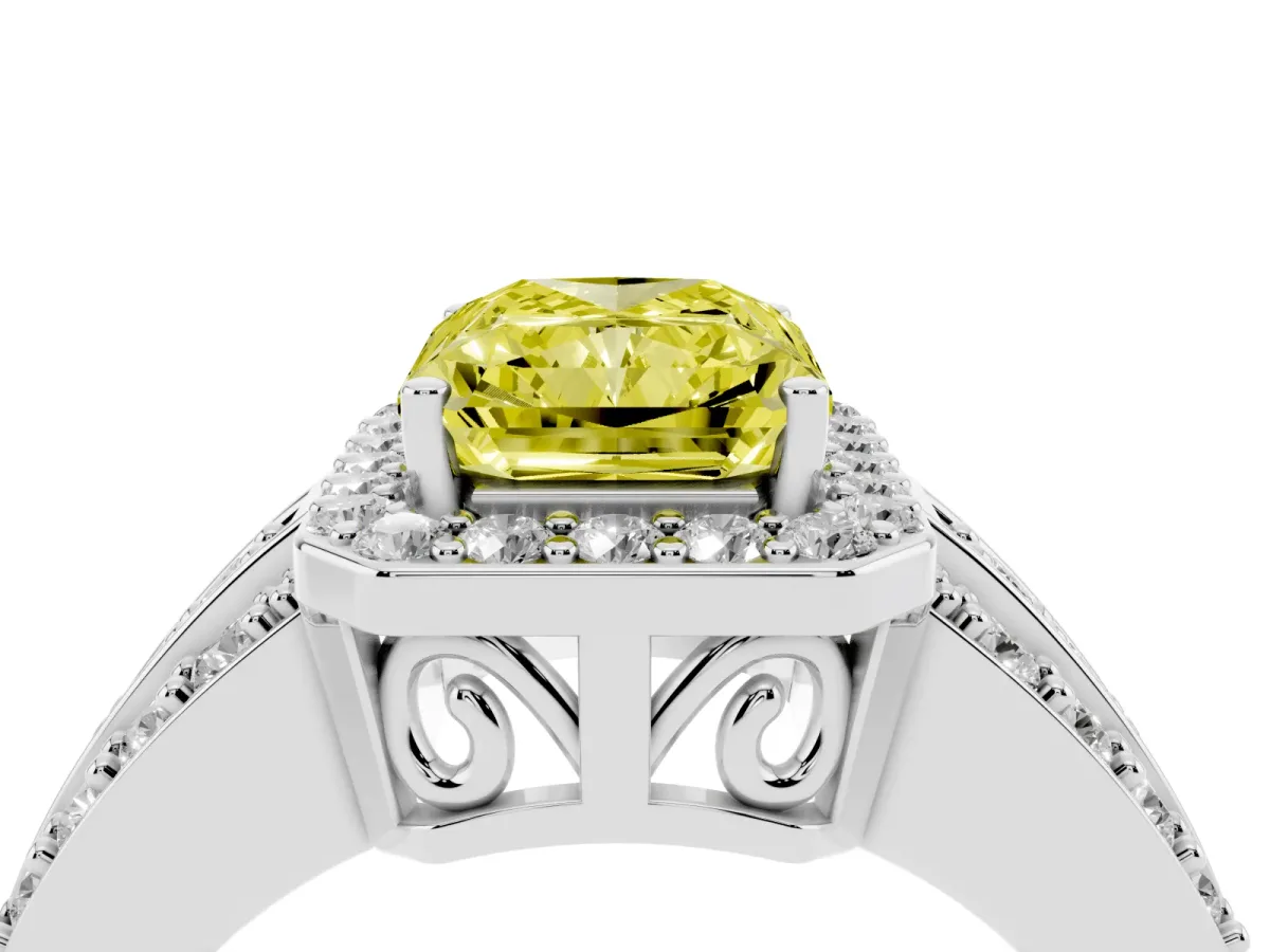 Fancy Yellow Radiant Cut Halo Diamond Ring with Round Split Shank and Prong Setting Silver