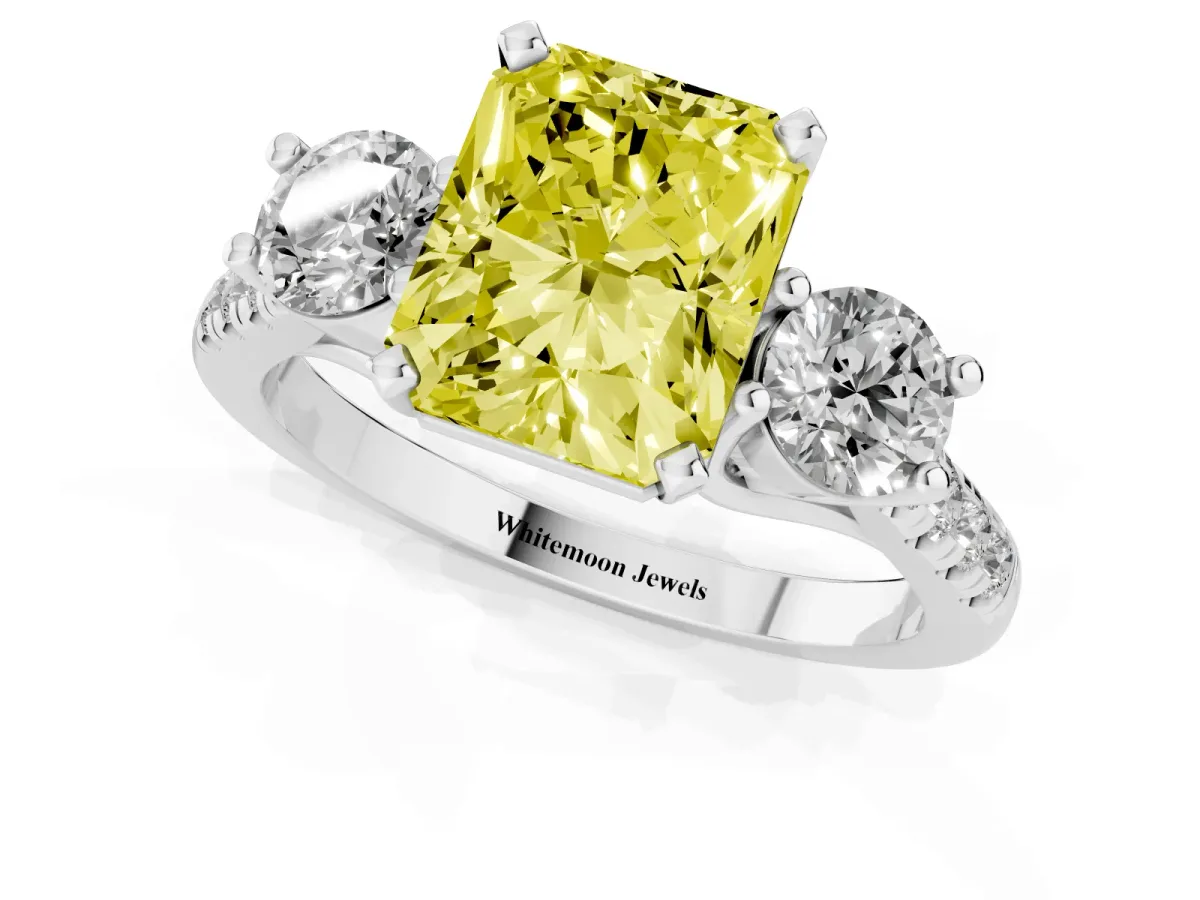 Fancy Yellow Three-Stone Radiant Cut Diamond Pavé Band with Four-Prong Setting Silver