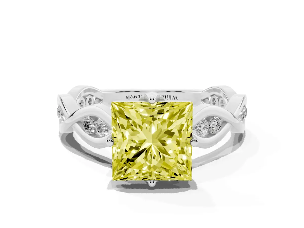 Fancy Yellow Princess Cut Solitaire Twist Band with Leaf Prong Setting Silver