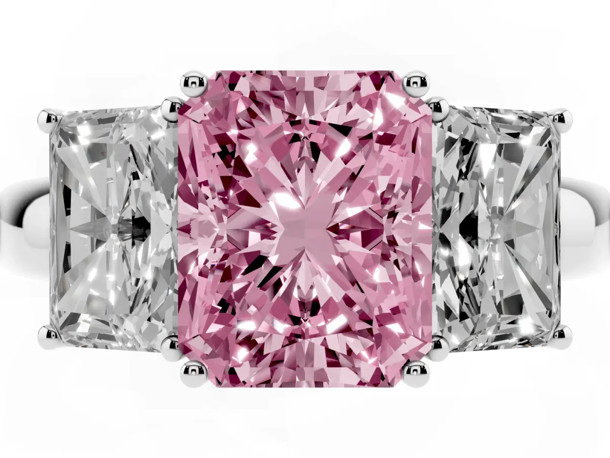 Fancy Pink Radiant Cut Diamond Three-Stone Ring with Four-Prong Setting and Classic Band Silver