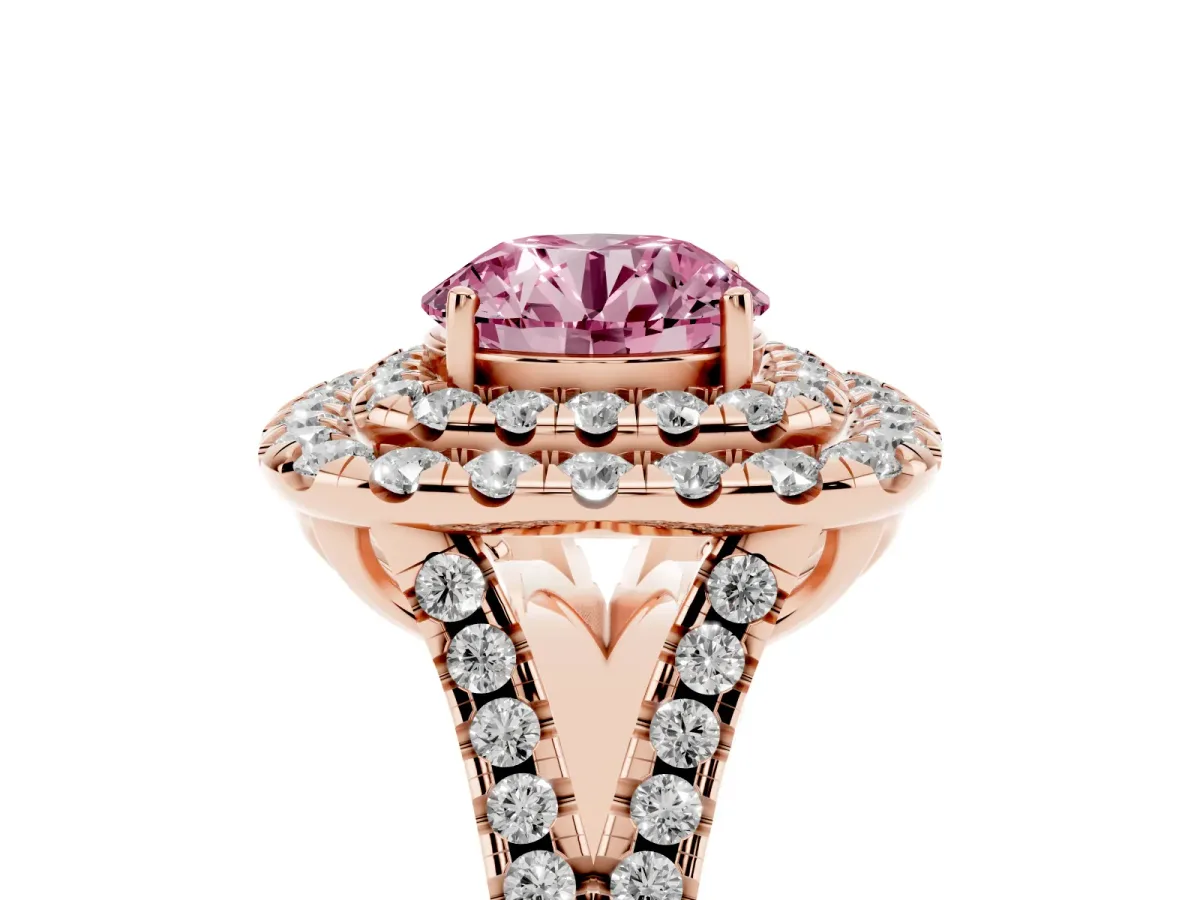 Fancy Pink Double Halo Round Cut Diamond Pavé Split Shank Ring with Prong Setting Rose gold
