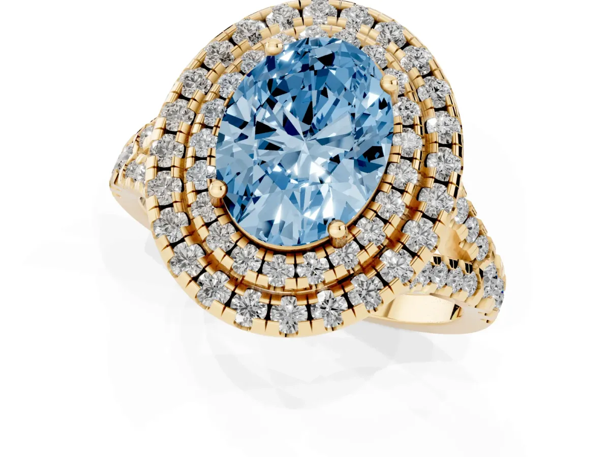 Fancy Blue Double Halo Oval Cut Diamond Pavé Split Shank Ring with Prong Setting Yellow gold